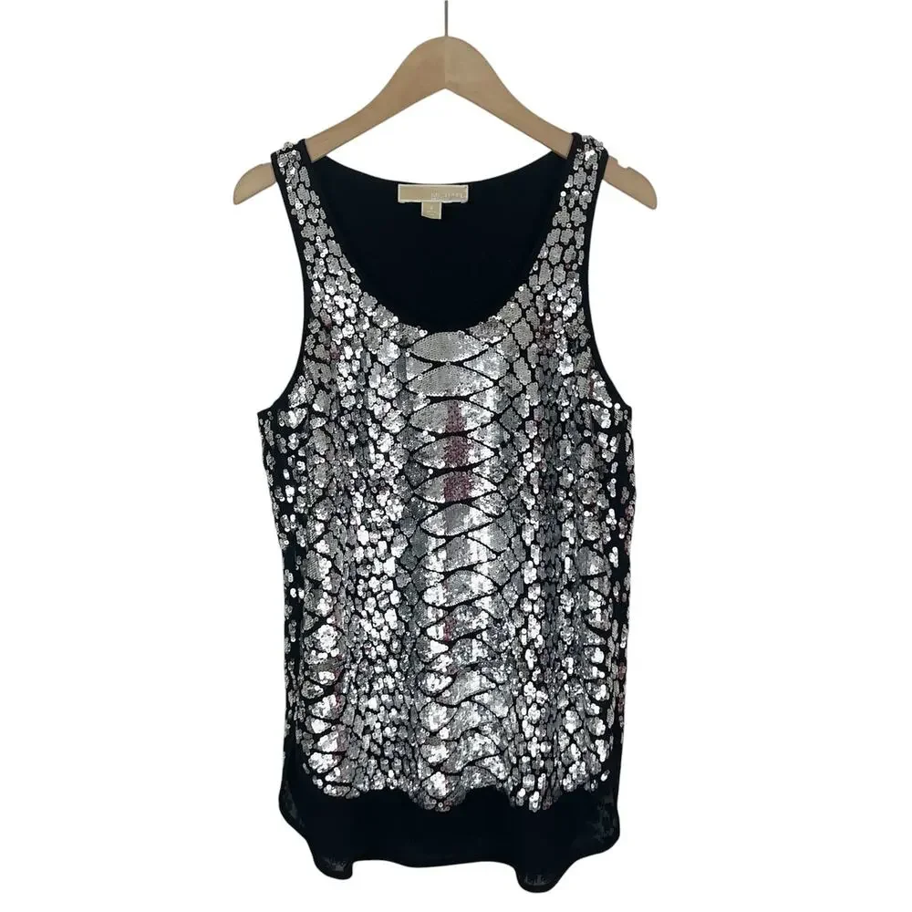 Michael Kors Black and Silver Sequin Tank Top Size Small